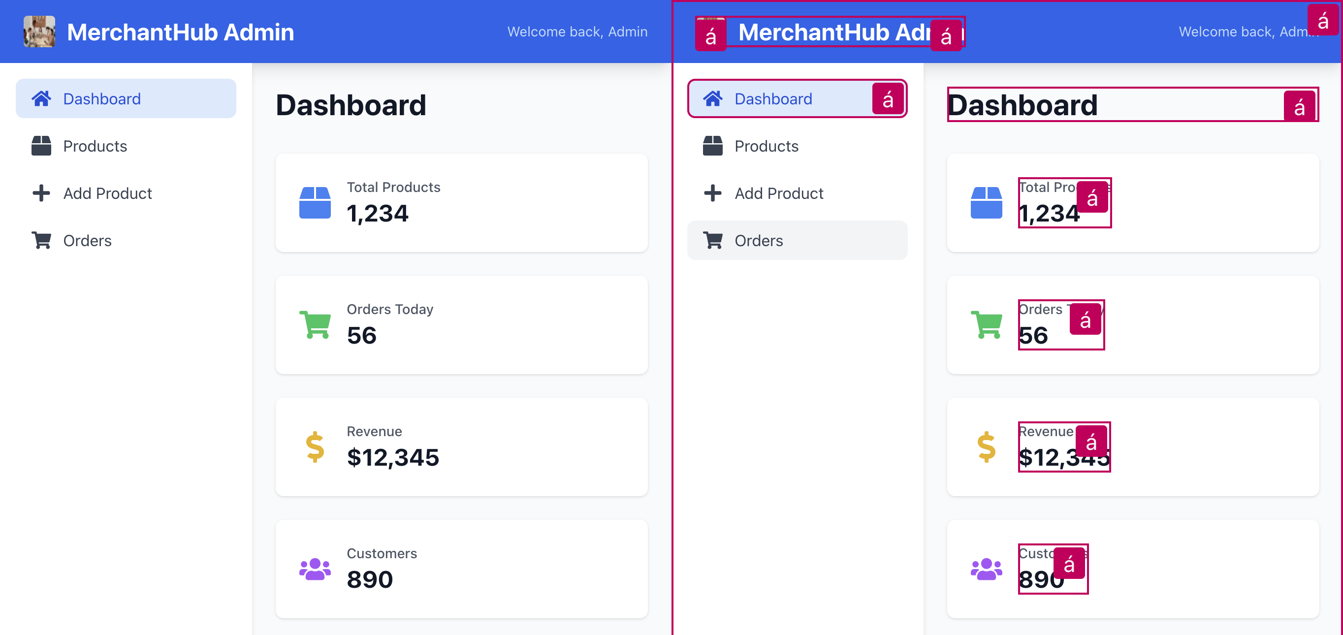 Two screenshots of the same web application side by side. On the left, the regular state of the application. On the right, the same state but with bright outlines and buttons added to some page elements.